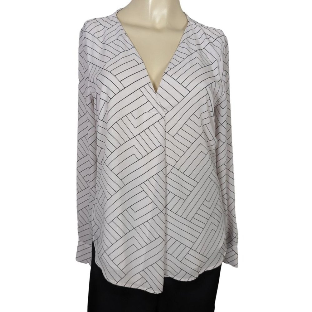 Ann Taylor long sleeve V neck career white with black lines Tunic S